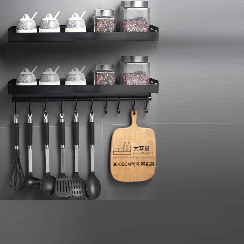 Black Wall Mounted Kitchen Racks with Hooks Space Aluminum Storage Shelf Kitchen Appliances Spice Rack Kitchen Rack Organizer