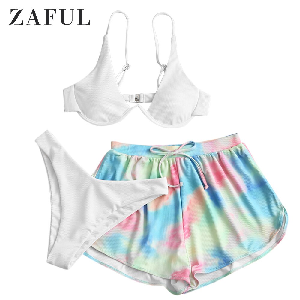 Zaful Geribbelde Tie Dye Beugel Drie Stuk Badpak: L