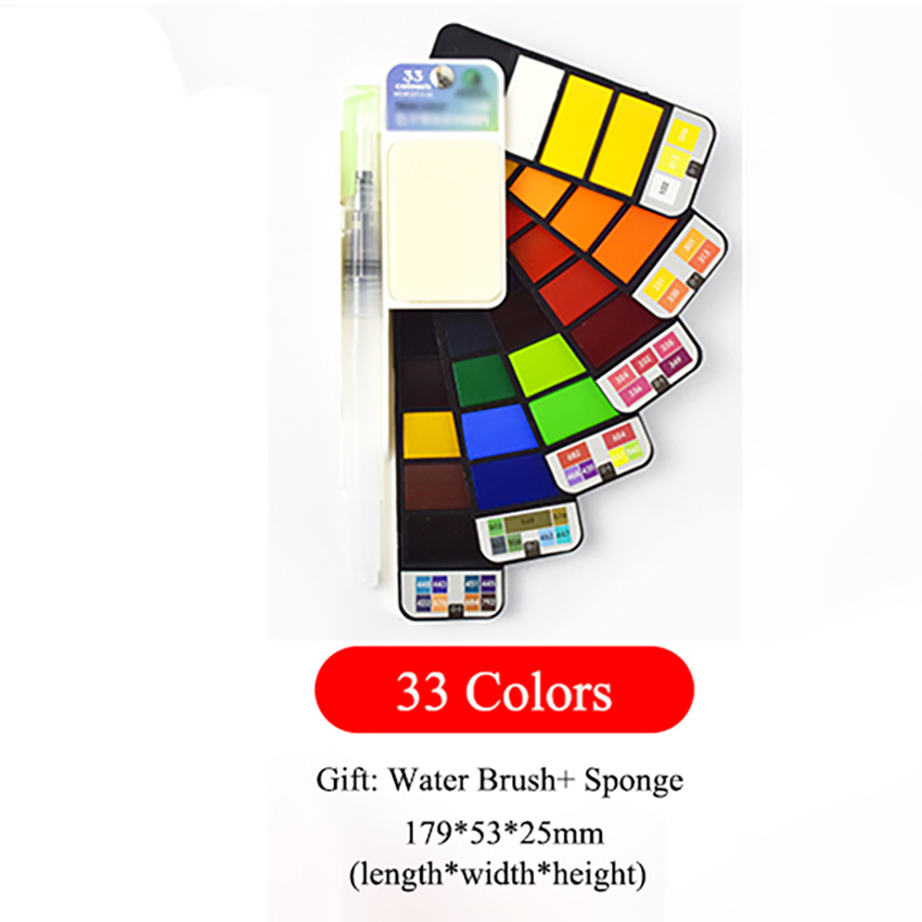 18/25/33/42 kleuren Opvouwbare Effen Aquarel Verf Set Fan Vormige Aquarel Met Water Borstel Pen wasbare Spons: 33 Colors