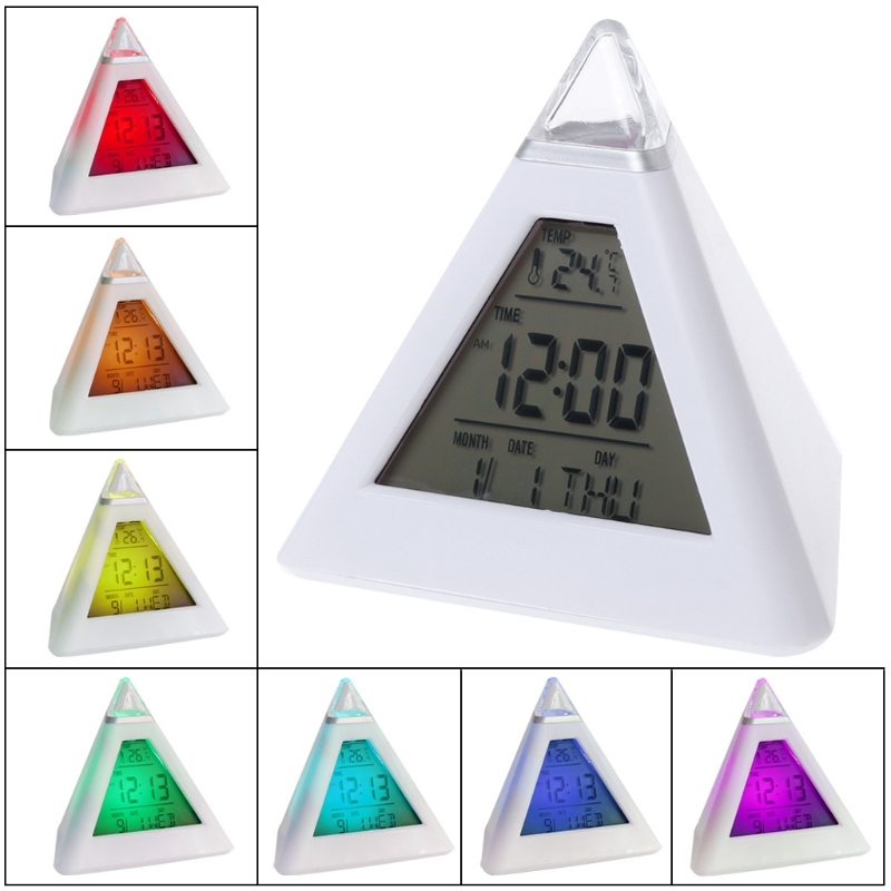 Triangular Pyramid Time 7 Color Change LED Alarm Digital LCD Clock Thermometer