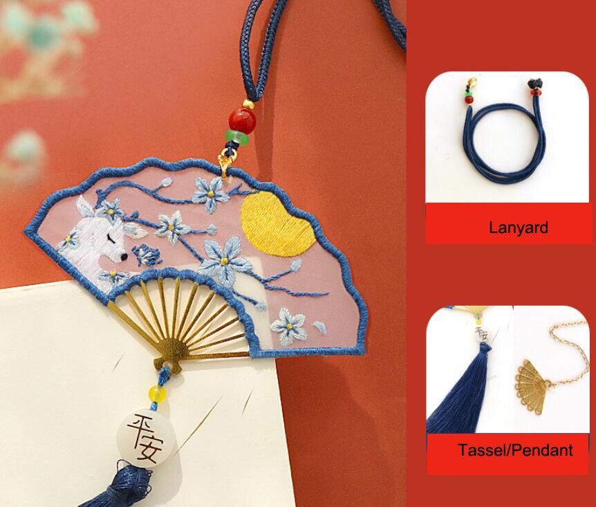 Handmade Diy w kształcie wachlarza zakładki wieszak samochodowy haftowany materiał torba z frędzlami dwustronny haft Ping Fu na prezenty Deco: A493