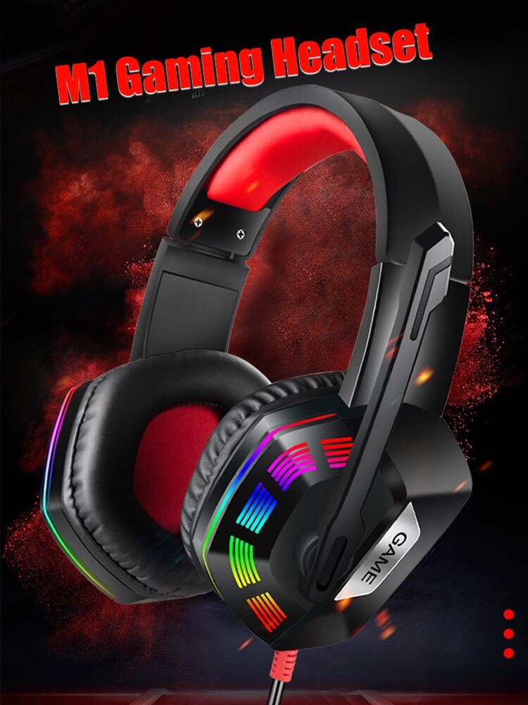 M1 Headphone Stereo 3.5mm Wired Computer Gaming Headset Soft Earmuff RGB LED Light Mic Ear Headphones for Laptop Desktop