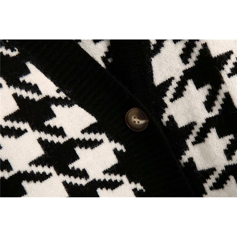 Evfer-cardigan pied de poule pour femmes, pull tricoté noir, pull à carreaux Chic, col en v, à manches longues, automne décontracté