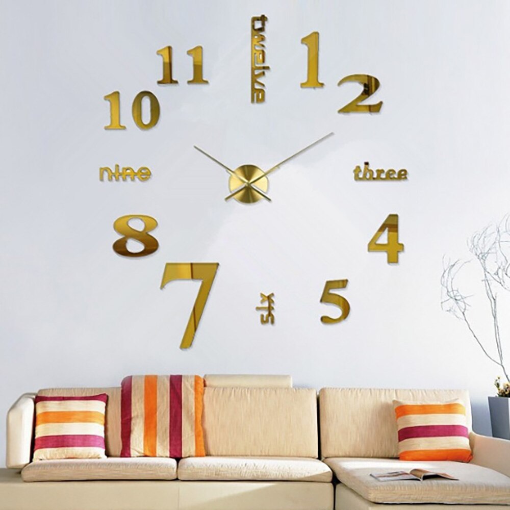 Top 3d vægur reloj de pared kvarts ur moderne diy ure stue store dekorative horloge murale klistermærker: Guld
