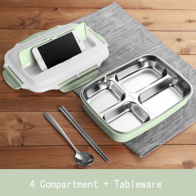 Stainless Steel Thermal Lunch Box Containers with Compartments Leakproof Bento Box Food Container Picnic Office School Lunchbox: 4 Grid Green