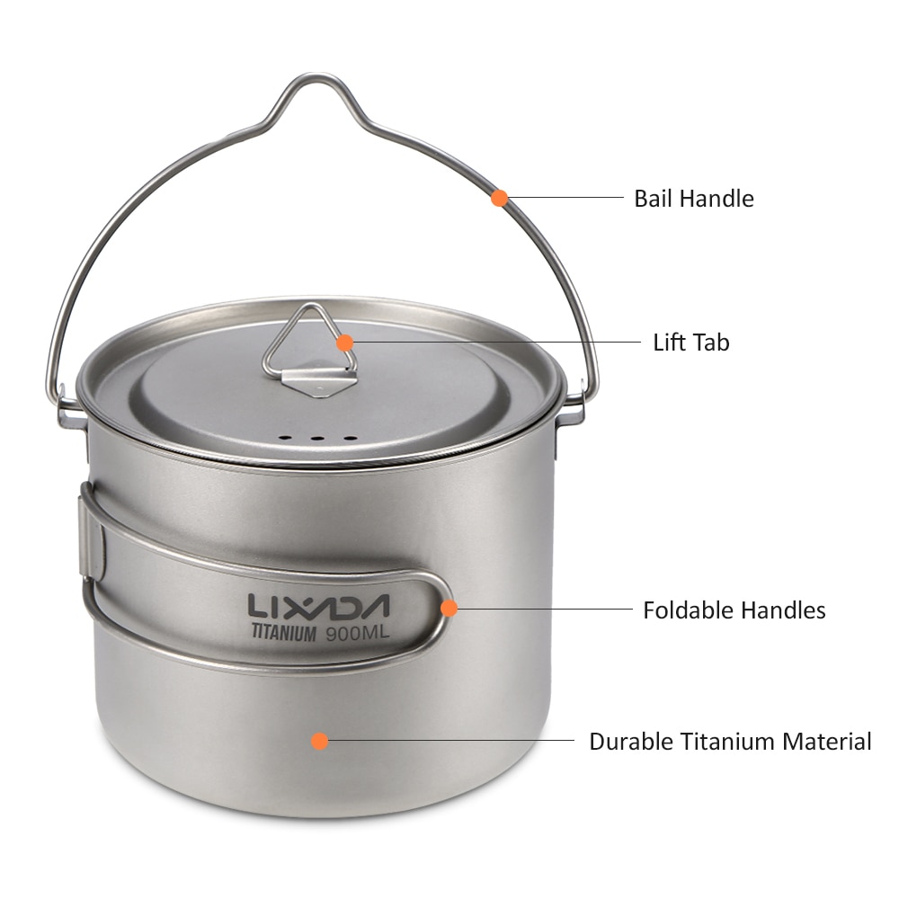 Lixada 900ml Ultralight Titanium Cup Mug Portable Hanging Pot Outdoor Camping Picnic Water Mug Cup Tableware Cookware with Lid