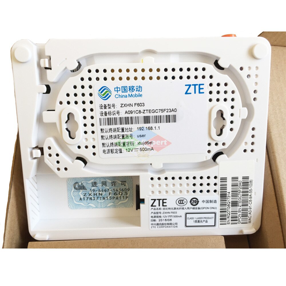 GPON ONU ZXHN ZTE F603 , 2 lan + 1 protocole SIP vocal, interface anglaise originale avec mobile chinois, nouveauté 100%