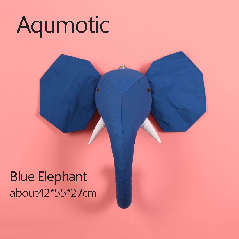 Aqumotic-suspension murale 3D, tête d'animal, décoration murale de cygne, oreiller doux mignon, pour chambre d'enfant: blue elephant