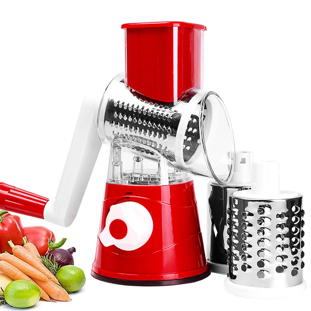 Cortador de verduras, ralladores rotativos manuales para queso, mandolina redonda, trituradora con 3 cuchillas de acero inoxidable, accesorios de cocina: Rojo