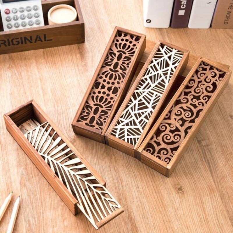 Retro Hollow Wooden Pencil Box Portable Storage Box Student Cute Wooden Pencil Box Multifunctional Stationery Desk Storage