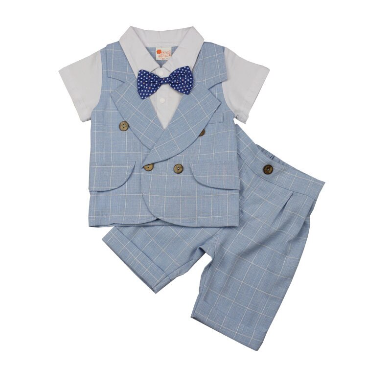 Baby Boys Summer Clothing Suit Child Plaid Gentleman Bowtie Vest + Shorts 2pcs Clothing Set Toddler Kids Party Wedding Costume