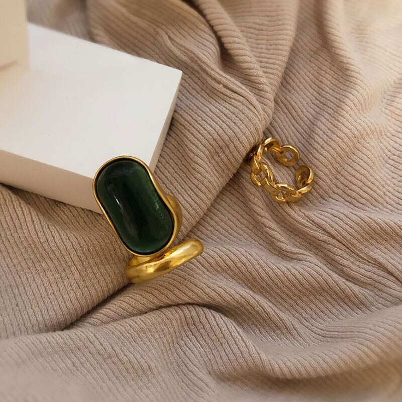 Foxanry Gold Color Wedding Rings for Women Green Stone France Vintage Party Bride Jewelry