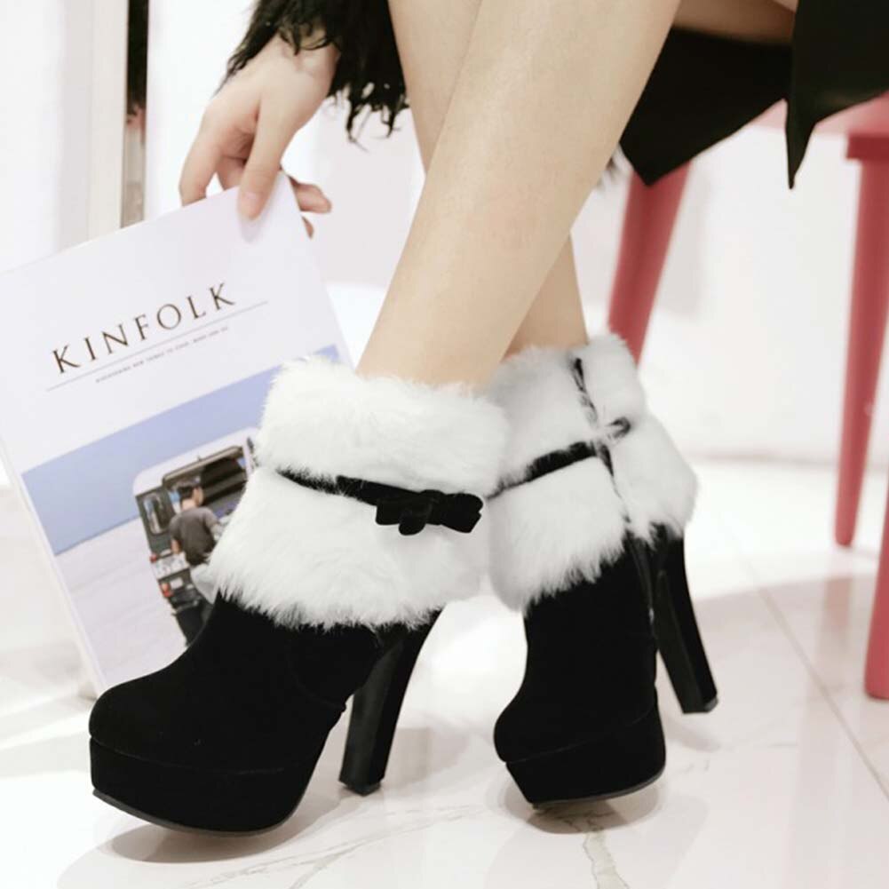 Nieuw Stijlvolle Vrouwelijke Schoenen Grote Maat 43 Platform Ronde Neus Korte Pluche Strik Ankel Spike Hakken Flock Sweet vrouwen Laarzen