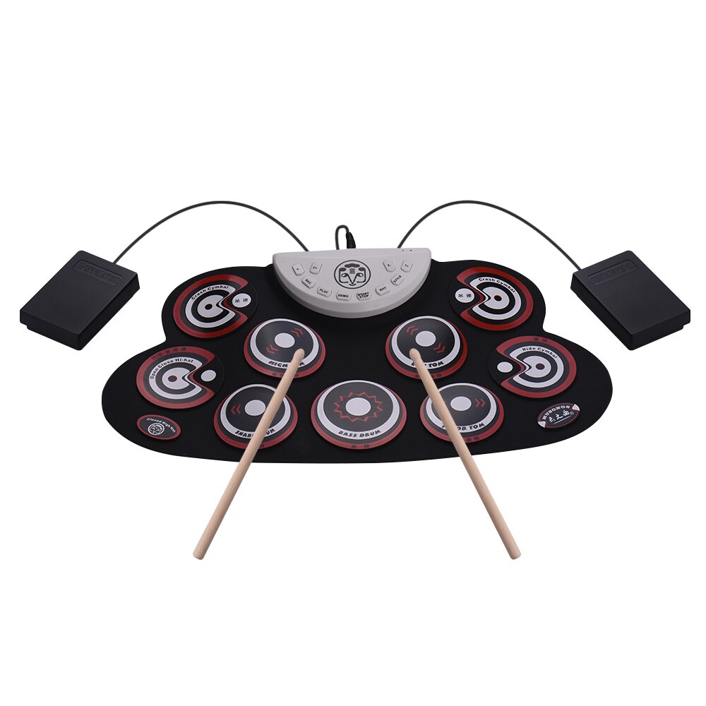 Elektronisk digital usb 9 pads rull opp sett silikon elektrisk trommesett med trommestikker og opprettholde pedal perkusjonsinstrumenter: type 5 rød