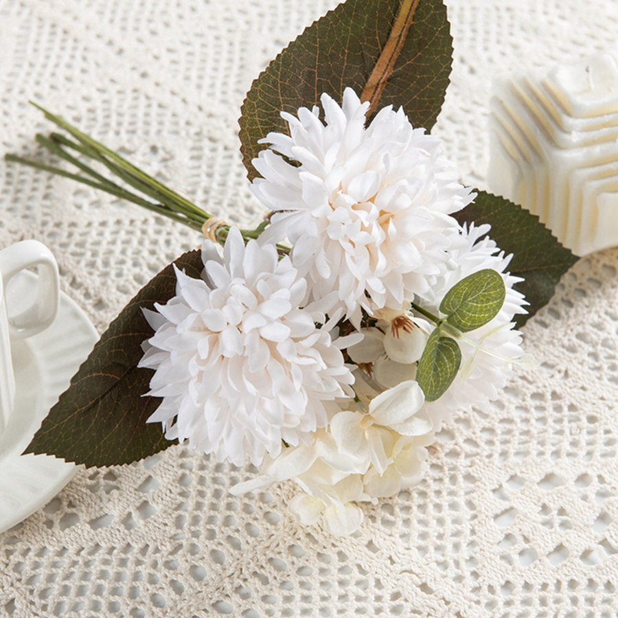 6 Takken Zijde Bolvormige Chrysanthemum Hortensia Kunstbloemen Voor Kerst Bruiloft Boeket Huisdecoratie: Beige