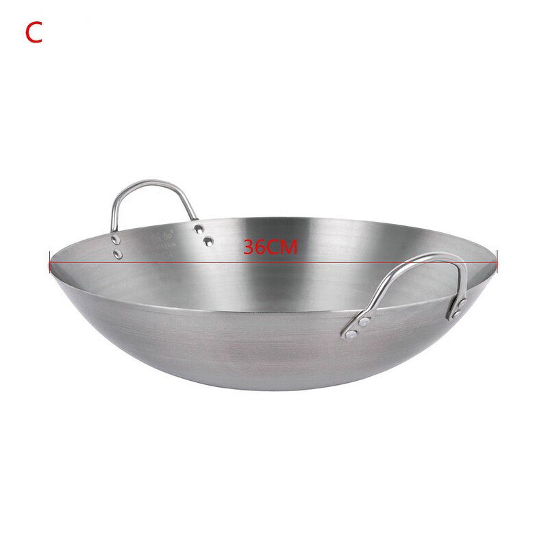 Rostfritt stål icke -beläggning woks gasspis traditionell handgjord gryta med dubbla öron kock fry wok: C 36cm