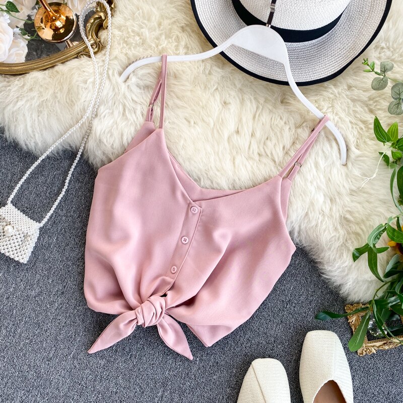 Kvinde street-wear sexet strop top v-hals rygløs crop top koreansk stil solid knap slanke korte tank tops
