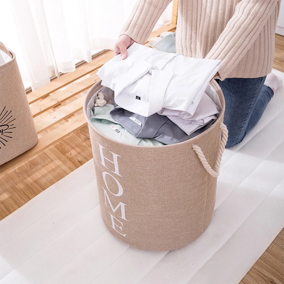 Extra Large Linen Laundry Basket Collapsible Fabric Laundry Hamper with Ring Handle Portable Washing Bin Folding Clothes Bag