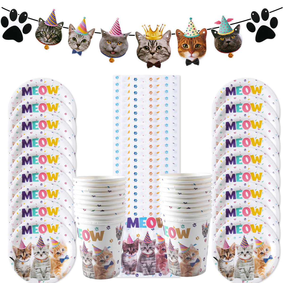 Decoración de de cumpleaños para gatos, pancarta de papel, plato, taza, adorno para pastel, juego de vajilla desechable, suministros para fiestas temáticas de gatos para niños