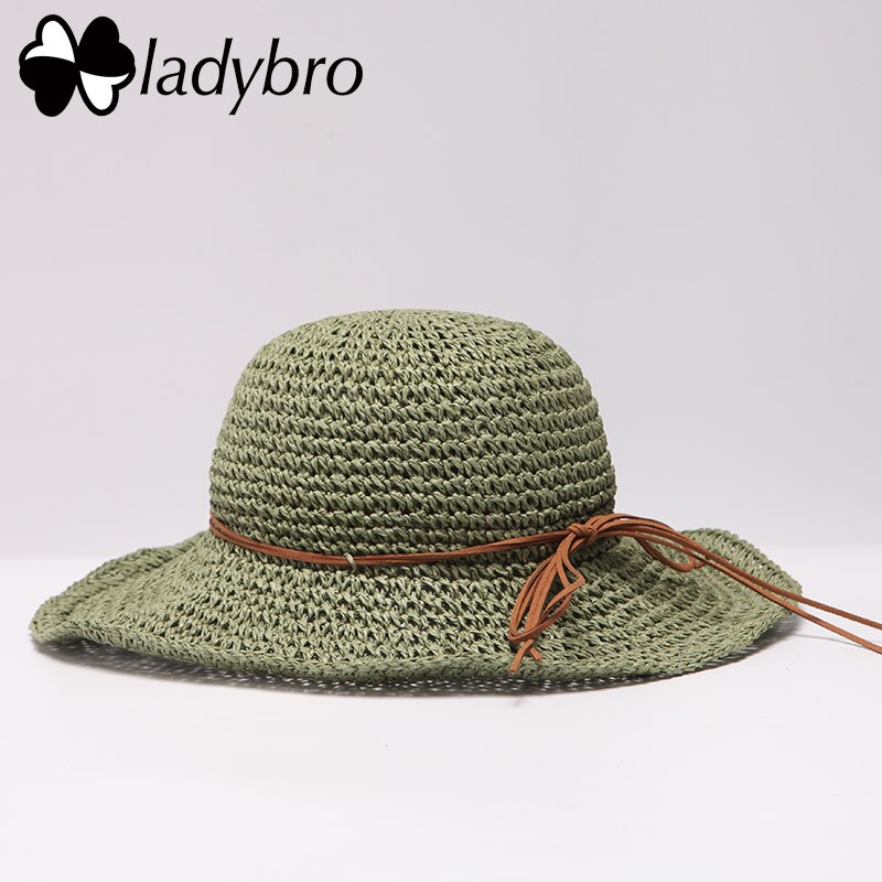 Ladybro Brand Ladies Sun Hat For Women Bowknot Raffia Straw Hat Foldable Summer Hat Wide Brim Beach Hat Female Chapeau Femme: 007 green