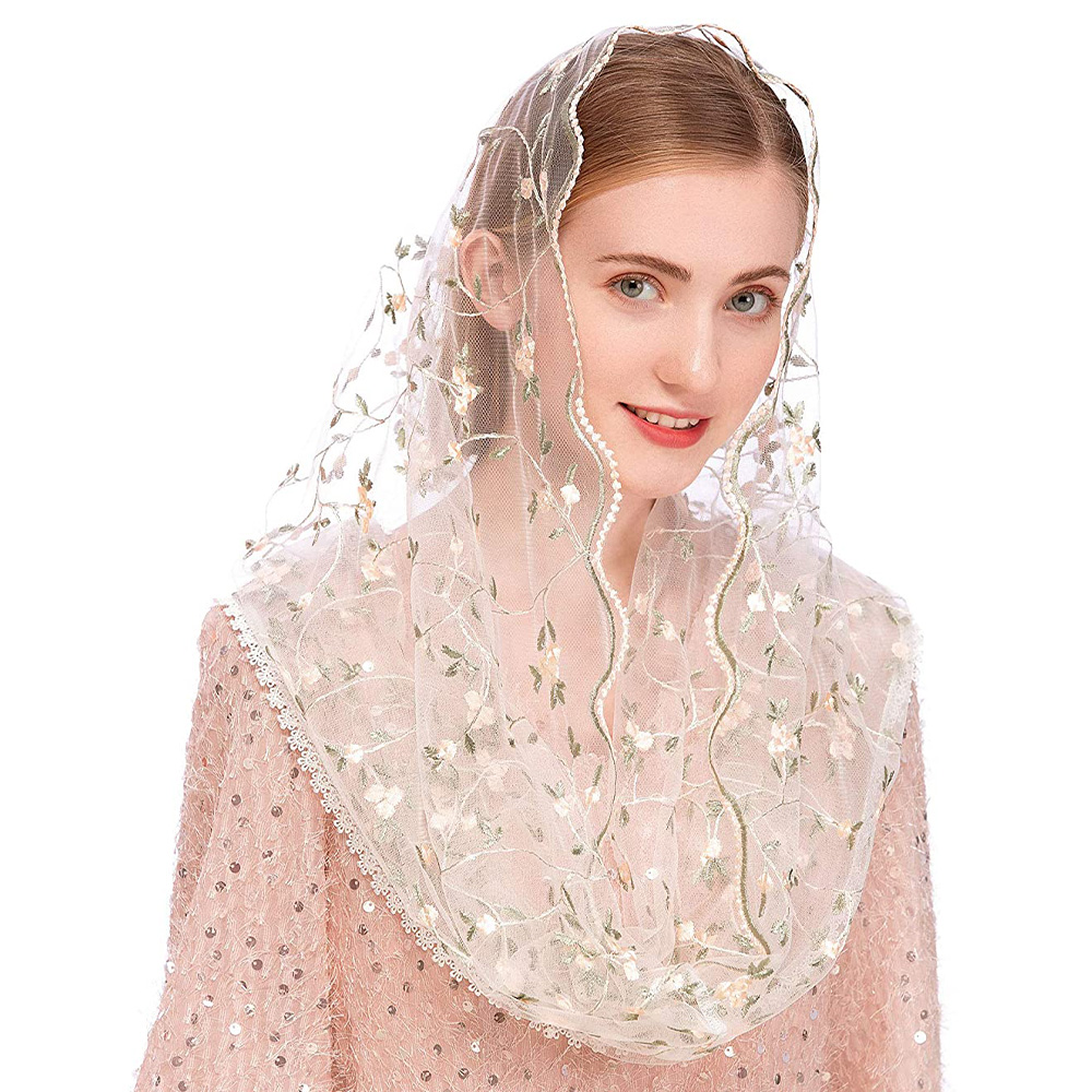 Velos de la Virgen para mujer, velo Infinity de Mantilla para mujer, masa latina, pequeño bordado Floral suave, pañuelo para cubrir la cabeza de encaje para novia: Ivory