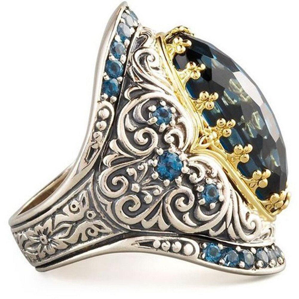 Vrouwen Vintage Blauwe Ringen Strass Bruiloft Engagement Finger Ring Mannen Ring Boho Grote Ovale Partij Sieraden