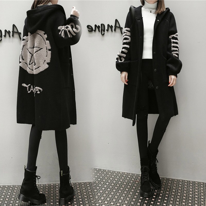 Plus size yllekofta för kvinnor lång lös stickad trenchcoat casual huva casaco feminino tröja kappor  f1449: Svart / S