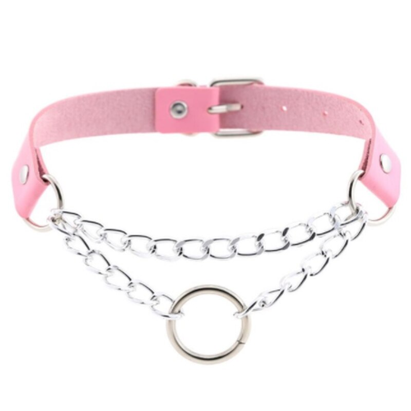 Punk choker collar for women necklace Goth Silver color chain leather choker collar women chocker girls emo jewelry: Pink