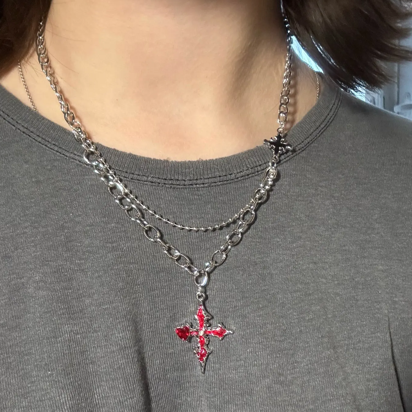 Collar con colgantes de corazón de amor y Cruz Roja Y2k para mujer y hombre, cadena de cuerda de Hip Hop, Rave, accesorios de joyería góticos de