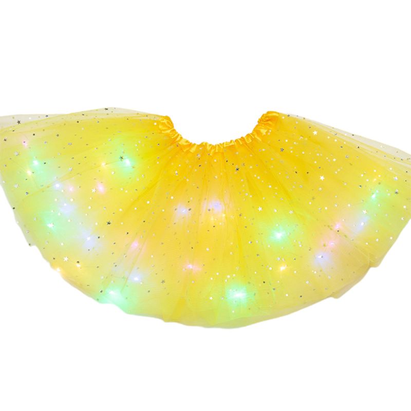 Falda con lentejuelas y estrellas brillantes para niñas, tutú de baile y Ballet con luces LED, Vestido corto de tul en capas de colores neón para escenario y: Yellow