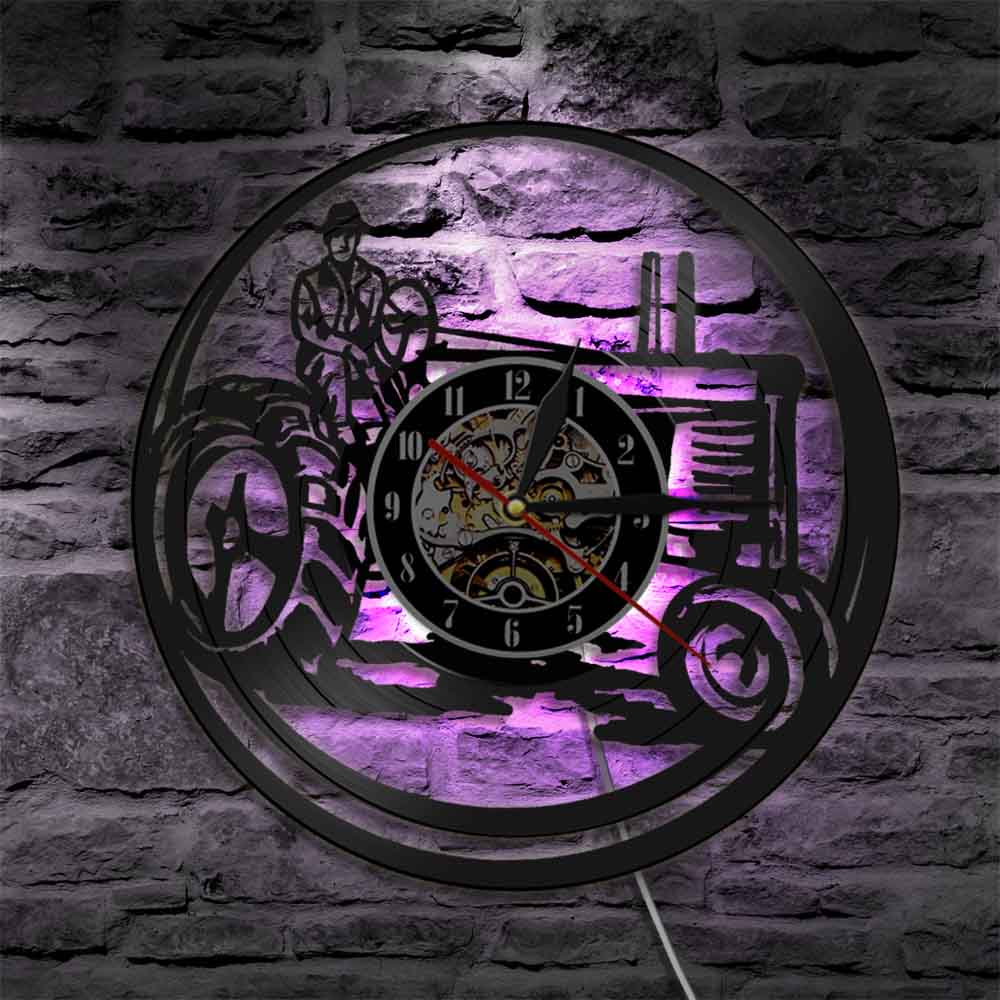 Farm Tractors Wall Clock Vintage Farmall Trucks Vinyl Record Wall Clock with LED Truck Tractor Farmhouse Home Decor Farmers