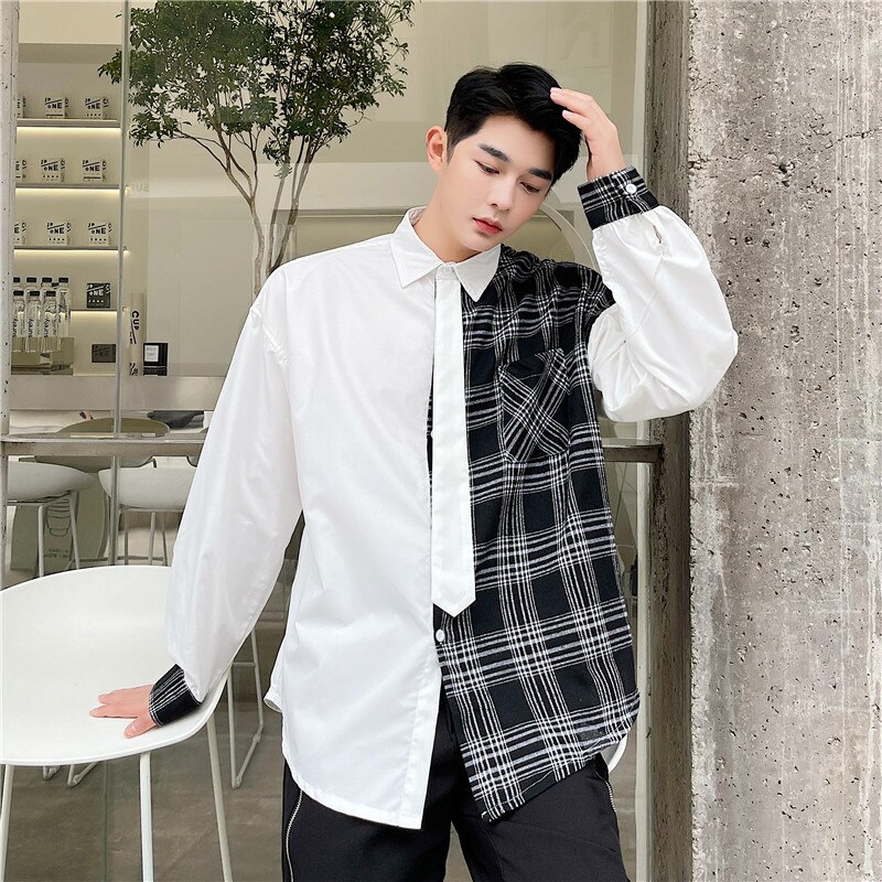 Men Tie Plaid Splice Loose Casual Long Sleeve Shirt Man Streetwear Vintage Dress Shirts Male