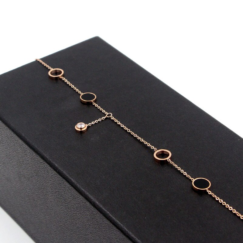 2 Circles 2 Enamel Circle Middle Zircon Anklets Top Titanium Steel Rose Gold Color Woman Jewelry