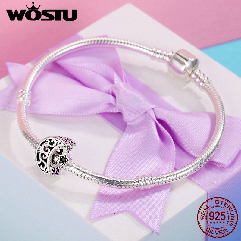 Wostu di Lusso 925 Sterling Silver Openwork Luna E Star Buonanotte Branelli di Fascino Misura Il Braccialetto Gioielli Fai da Te di San Valentino Regalo di Giorno CQC483