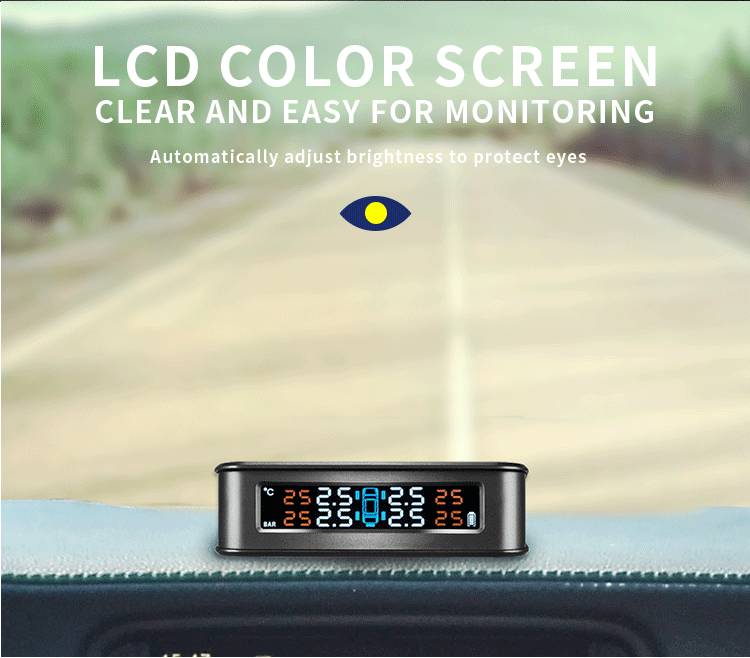 Sistema de Monitoreo de presión de neumáticos de coche, TPMS Solar inalámbrico, LCD, 4 sensores externos, 85x95MM, ABS + PC, sensores externos