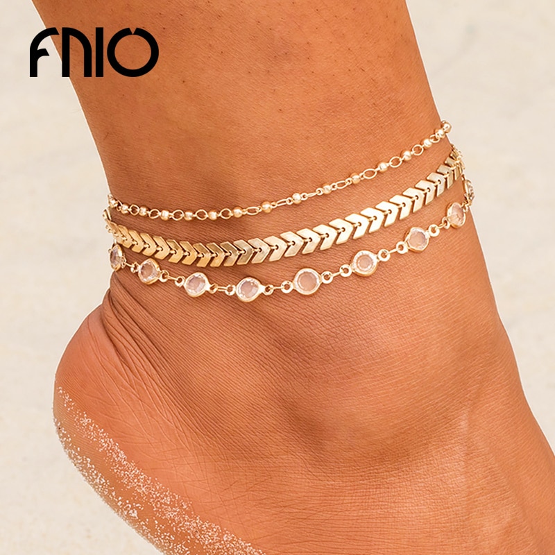 Fnio Crystal Pailletten Enkelbandje Set Voor Vrouwen Beach Voet Sieraden Vintage Verklaring Enkelbanden Boho Stijl Sieraden Zomer Party 3 Stks/set