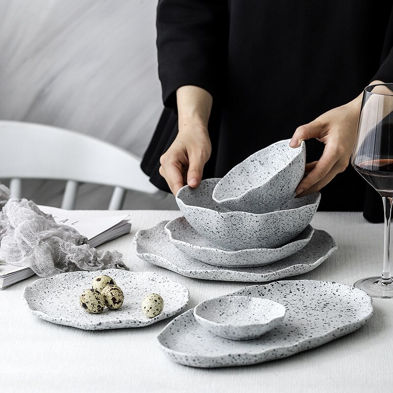 Keramisk aftensmad tallerken skål mad fad granit porcelæn med pletter dessert salat skål nordisk hjem dekorativ service tallerken