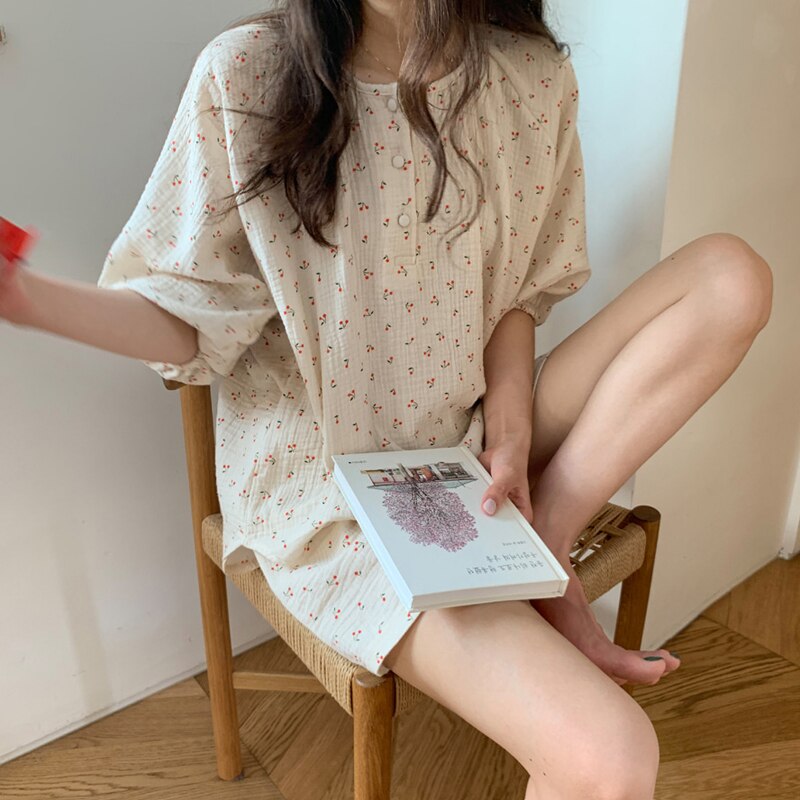 Alien Kitty Comfortable Sleepwear All Match Loose Sweet Homewear Summer Geometric Cherry Printing Chic Women Pajamas Sets