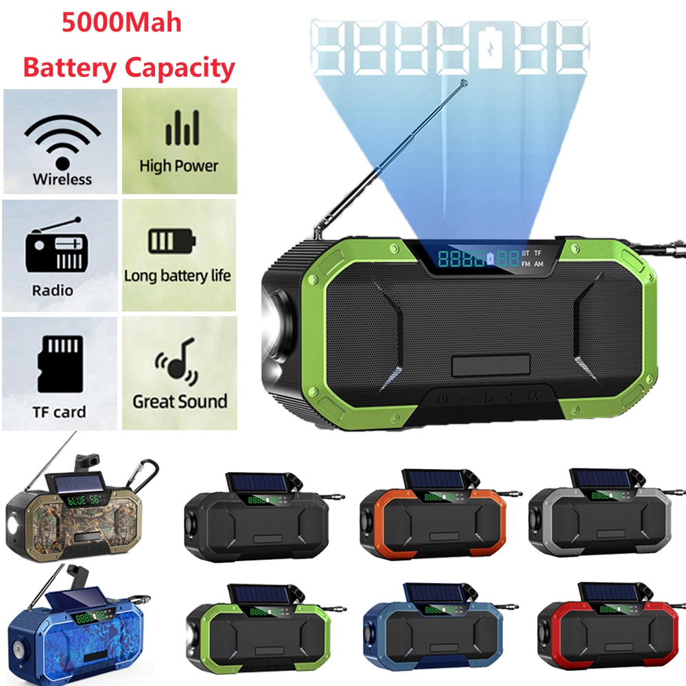 5000mAh głośnik Bluetooth z radiem korba ręczna korba słoneczna dynamo zasilany rano/FM/WB radio pogodowe powerbank na energię słoneczną lampka robić czytania