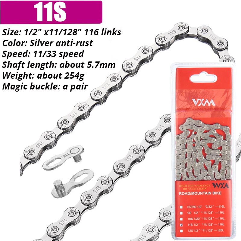 VXM-Cadena de plata antioxidante para bicicleta, eslabón rápido básico de 116L, 6, 7, 8, 9, 10, 11 y 12 velocidades, SHIMANO HG53, HG54, HG601, M6100: 11 Speed