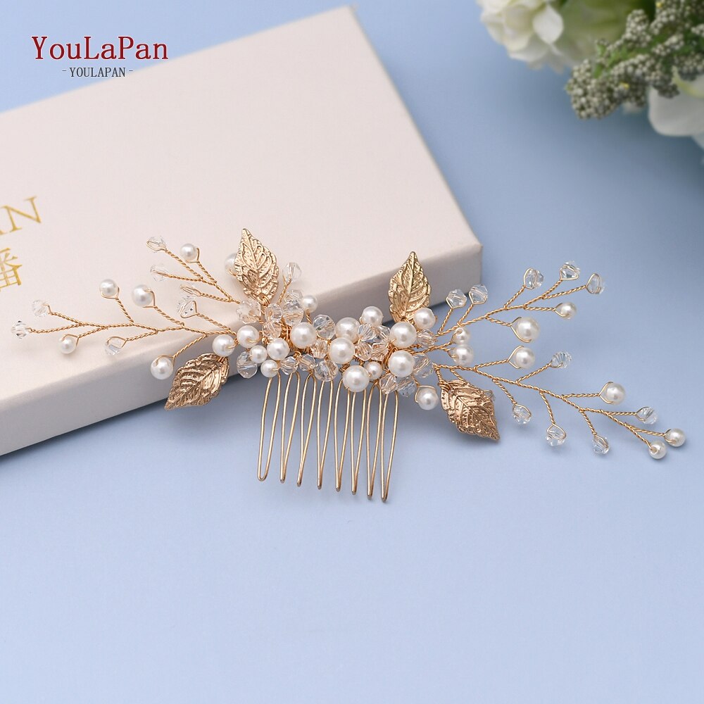 Topqueen  hp180 bryllup hårnåler krystall bryllup kam gyldne gjennombrudd blader brude bryllup tilbehør perle brude hårspenner