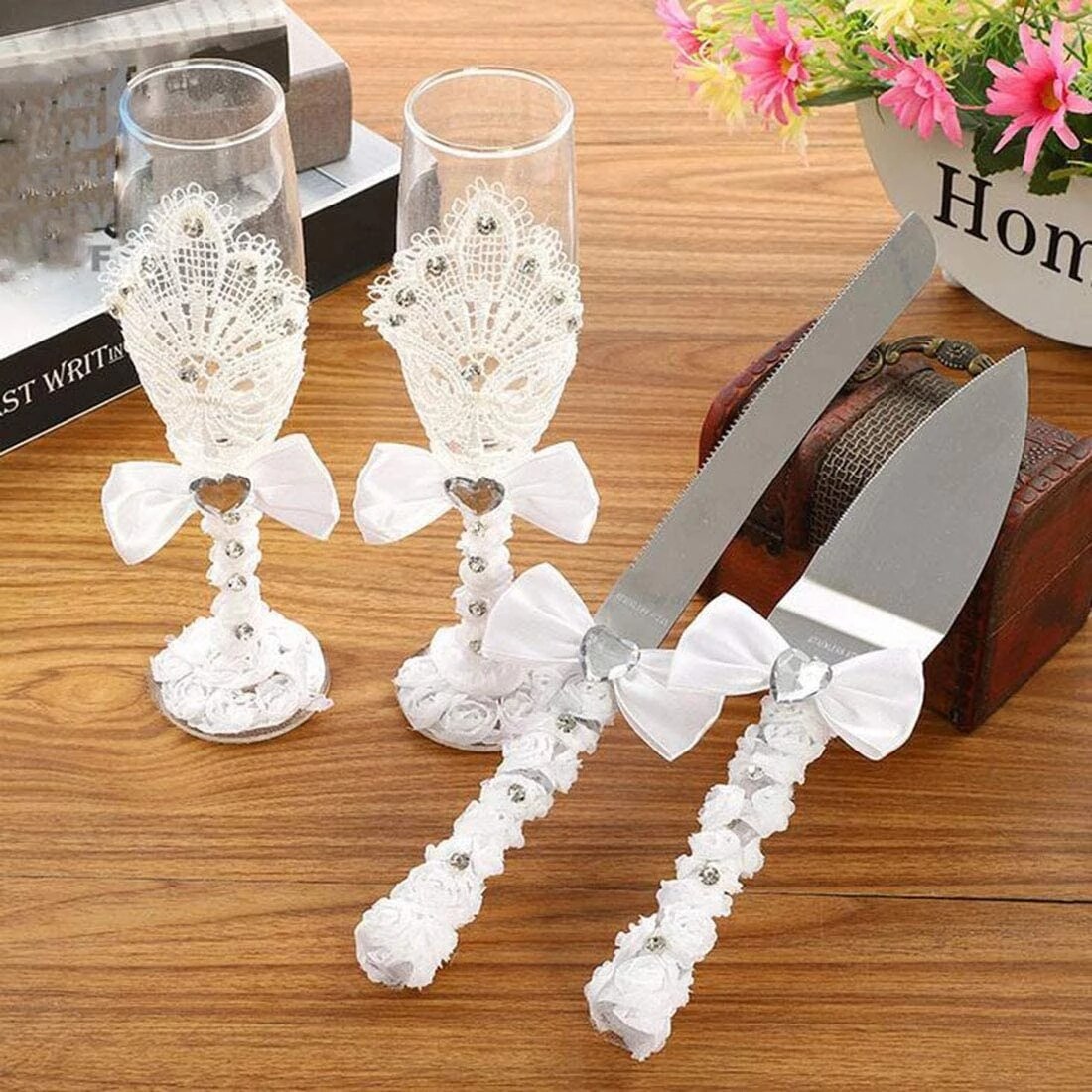 4Piece Wedding Supplies Cake Knife Toasting Flutes and Pie Cake Server Set Marrying Birthday Party Show Tool Bride And Groom Gif: 8C