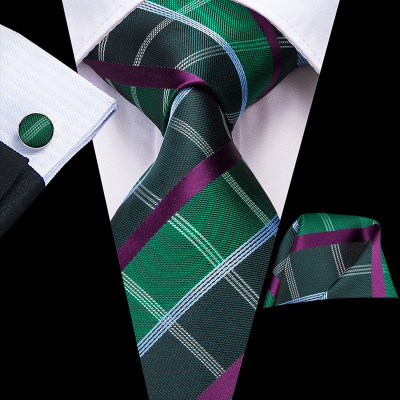 Hi-Tie Christmas 100% Silk Ties For Men Hanky Cufflinks Set 20 Styles Men's Tie Floral Green Plaid Gravatas Party Large Necktie: C-3223