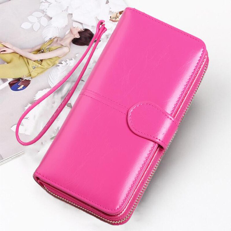 Leather Women Long Zipper Oil Wax Wallet Big Capacity Hasp Zipper Purse Ladies Long Wristlet Clutch Coin Card Holders Portomonee: rose red