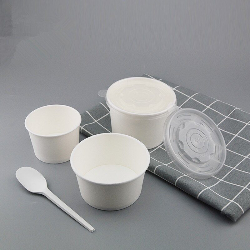 50pcs White ice cream takeaway packaging cup party birthday wedding food soup cake round pattern thick paper cup with lid