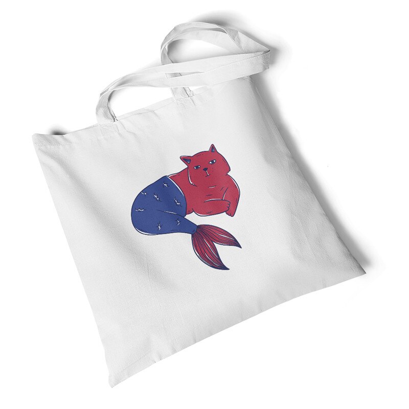 Milieuvriendelijke boodschappentassen dames dierenprint canvas tas strand grote casual handtassen originele studenten schoudertassen: Zeemeermin kat
