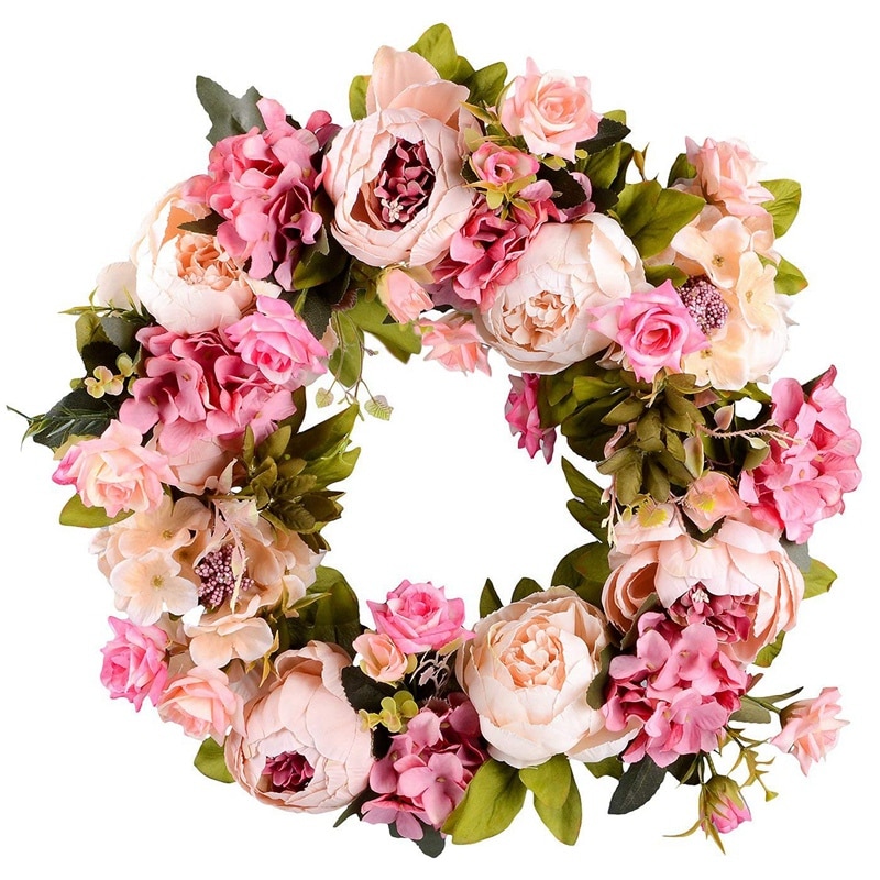 Nyeste kunstige blomsterkrans pæonkrans  - 16 tommer dørkrans fjederkrans rund krans til hoveddøren, bryllup, hjem d: Default Title