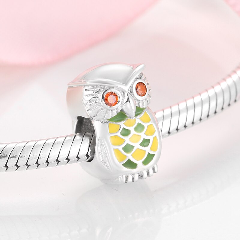 Autentico 925 sterlina d'argento Giallo Dello Smalto Animale bello Del Gufo misura Branelli Braccialetti di JIUHAO Gioielleria Raffinata Regalo