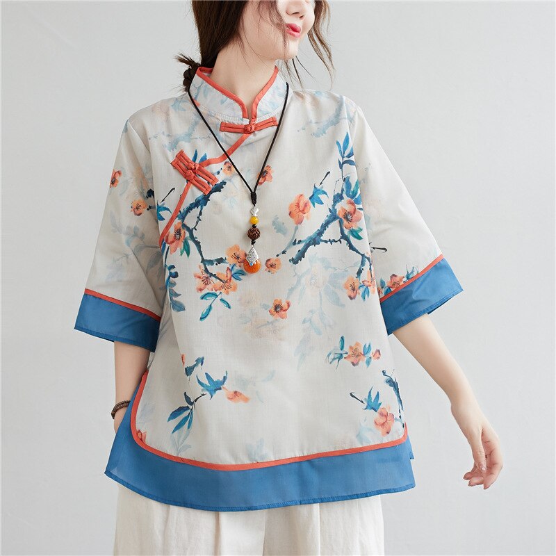 Spring Women Chinese Traditional Style Tops Cotton Linen Loose Blouses Cheongsam Female Vintage Buckle Hanfu Shirts Tang Suits