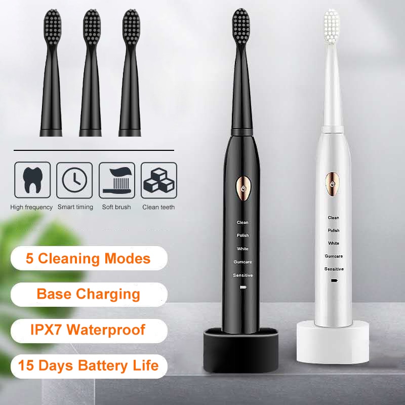 Vandtæt elektrisk tandbørste automatisk sonisk tandbørste genopladelig 5 modeller rejser tandbørste med 4 børstehoveder